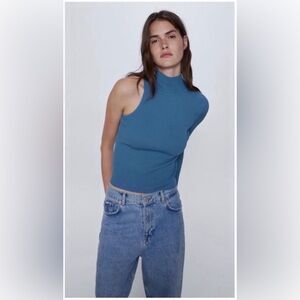 Zara Turtle Neck One Sleeve Top Light Blue M
